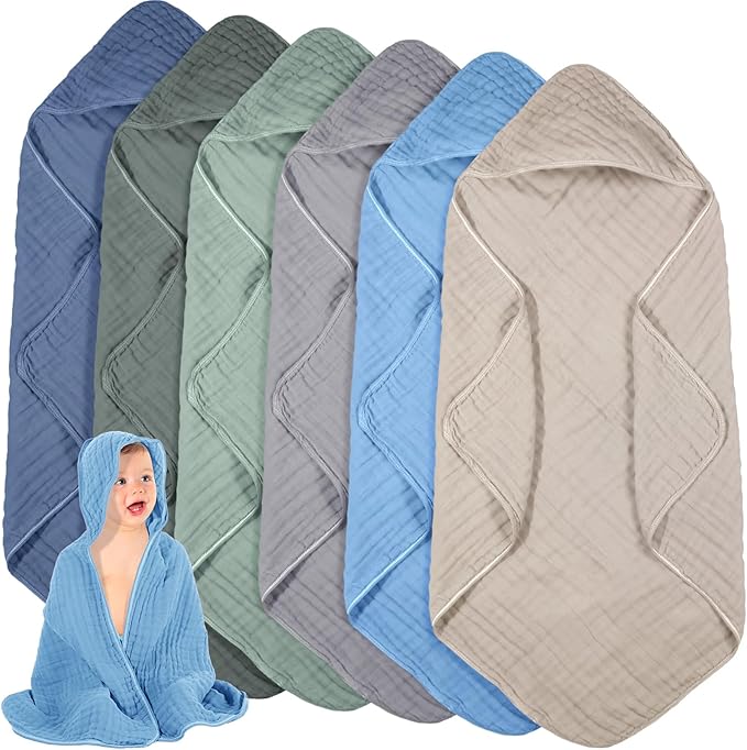Peryiter 6 Pcs Muslin Hooded Baby Towels, 32x 32'' Cotton Newborn Bath Towel Muslin Infant Baby Blankets Absorbent Unisex Christmas Registry Gift Essentials for Girls Boys (Green Series)
