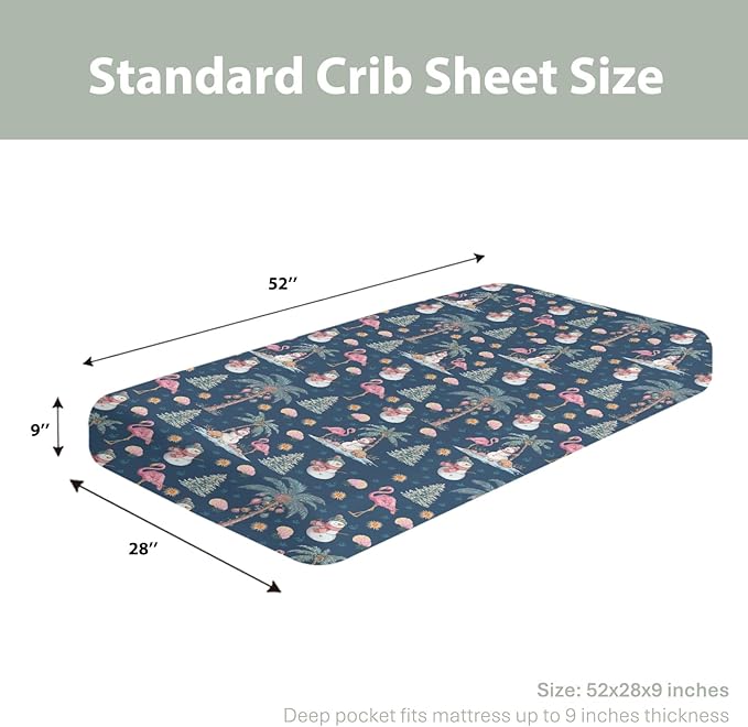 Preppy Beach Christmas Baby Crib Sheets for Boy Girl 52x28 Flamingo Palm Trees Snowmen Coastal Soft Snug Fitted Crib Mattress Cover Tropical Christmas Baby Sheet for Standard Crib & Toddler Mattress