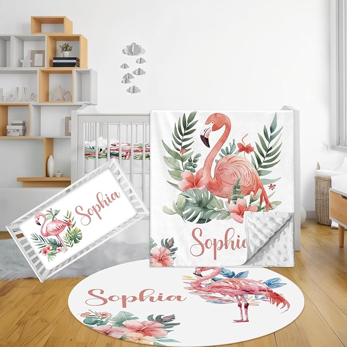Personalized Baby Crib Bedding Set - 3 Pcs Custom Nursery Bedding Set with Name - Soft Double Layer Baby Crib Set for Girls Boys - Customized for Infant Toddler - Pink Flamingo