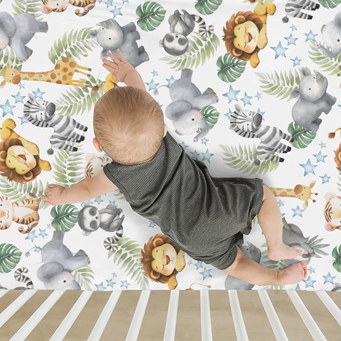Jungle Friends Baby Crib Sheets for Boy Girl 52x28 Safari Lion Giraffe Elephant Tropical Leaves Soft Stretchy Fitted Crib Mattress Cover African Animal Baby Sheet for Standard Crib & Toddler Mattress