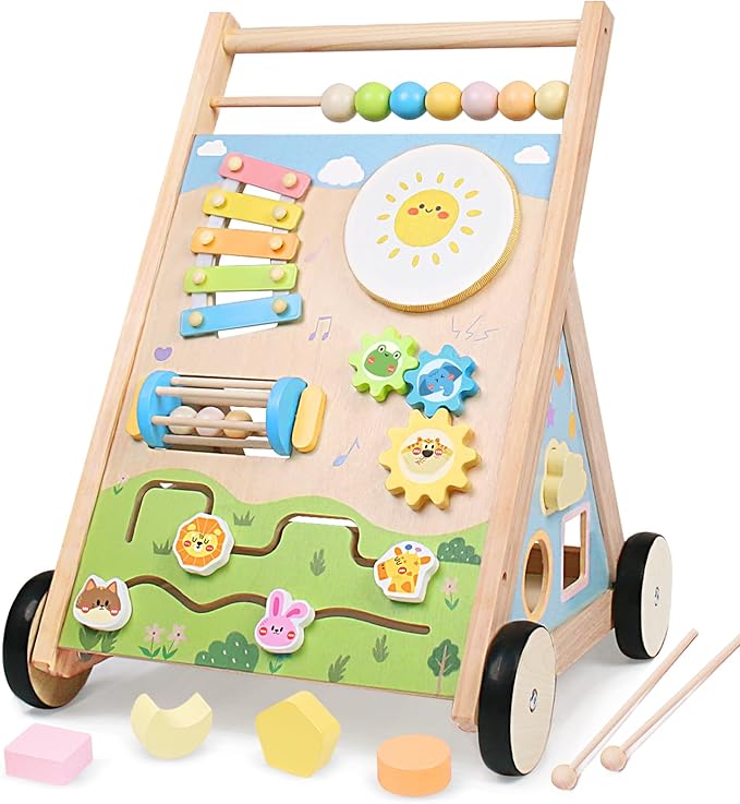 Wooden Baby Walker with Wheels, Montessori Baby Push Walker for Babies 6-12 Months, Baby Activity Center Walking Toy for 1 Year Old Learning to Walk Toddler Girls Boys