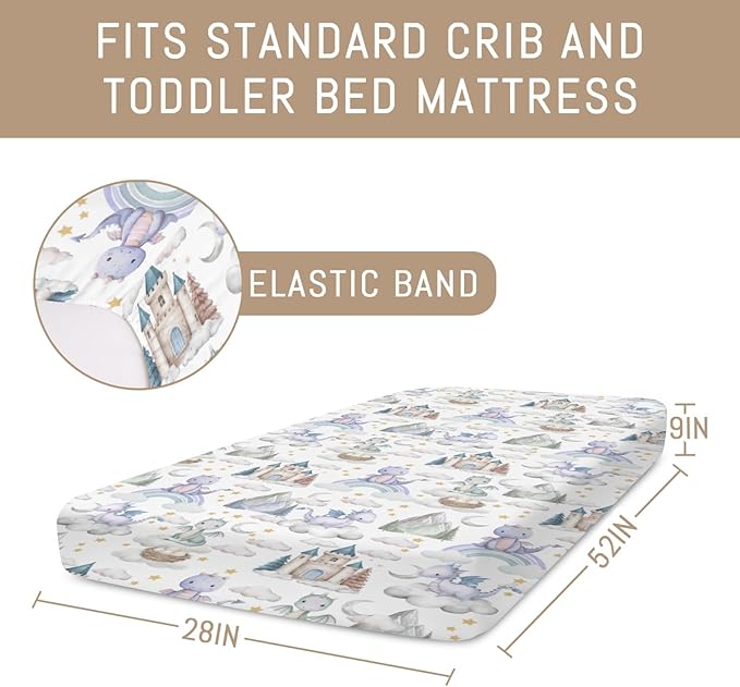 Purple Baby Dragons Crib Sheets for Boy Girl Fairytale Dragon Castle Trees Moon Rainbow Soft Stretchy Fitted Crib Mattress Cover for 52''x28'' Standard Crib & Toddler Mattress Fantasy Animal Bed Sheet