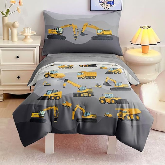 4 Piece Toddler Bedding Set for Boys,Cars Construction Toddler Bed Comforter Set Includes Comforter,Flat Sheet,Fitted Sheet and Pillowcase,Christan Trucks Tractors Bed in A Bag for Kids Bedroom