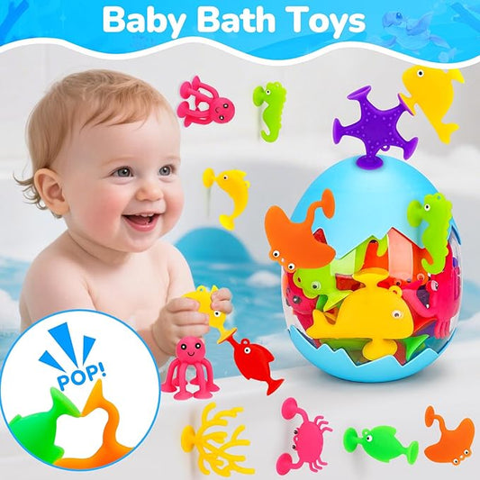 Toddler Suction Cup Bath Toys, Ocean Animal Bath Toys for Kids Ages 1-3 3-5 4-8 Mold Free Bathtub Window Building Toys Christmas Stocking Stuffers for 2 3 4 5 Year Old Boys Girls Birthday Gifts