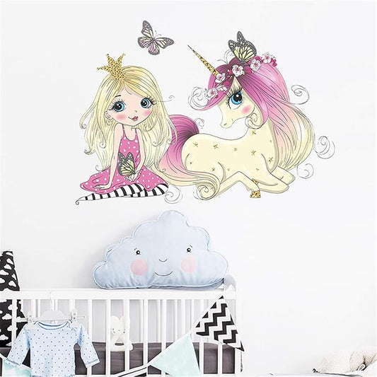 ROFARSO Colorful Cute Lovely Little Princess With Unicorn Butterfly Wall Stickers for Kids Peel and Stick Removable Wall Decals DIY Decorations Decor for Nursery Baby Girl Bedroom Playroom Living Room