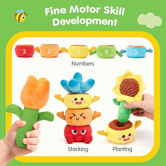 hahaland Montessori Toys for 1 Year Old Boy Girl - 10 in 1 Plush Garden Stacking Toys for Toddlers 1-3 with Color Matching & Planting Play - Fine Motor, Sensory & Emotional Development Toy