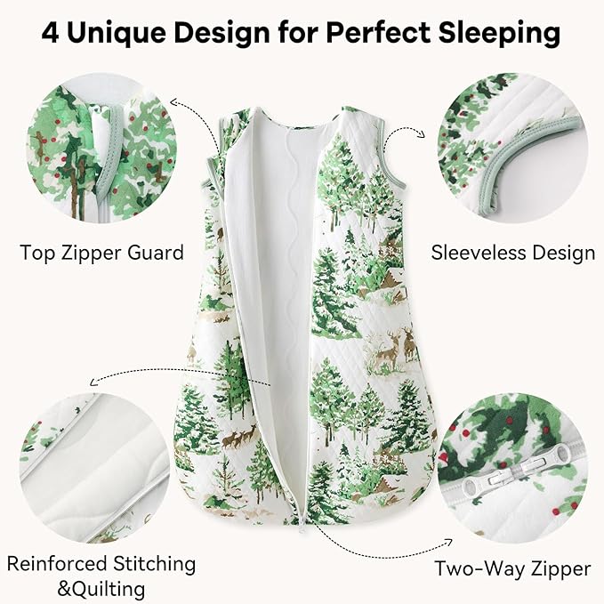 Baby Sleep Sack 18-24 Months 1.5 Tog Baby Wearable Blanket 100% Cotton Fabric Warm Sleeping sack with 2-Way Zipper Quilted for Toddler Infant Tog Green Pine