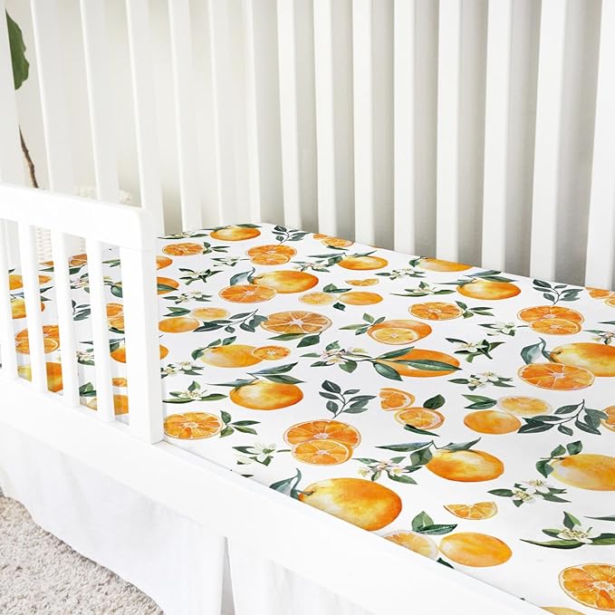 Watercolor Oranges Baby Crib Sheet 52''x28'' Retro Orange Floral Leaves Stretchy Fitted Crib Mattress Cover for Boy Girl Boho Summer Fruits Soft Bed Sheets for Standard Crib Toddler Mattress