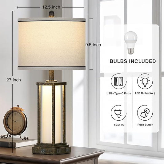 Cinkeda 27" Tall Vintage Table Lamp with USB C+A & Outlet,Bronze Industrial End Table Lamp for Living Room,Farmhouse Rustic Bedside Lamp with Frosted Glass Night Light for Bedroom Nightstand,Bronze-1P