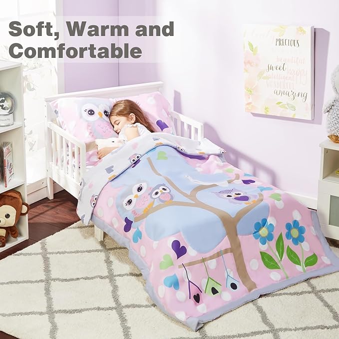 EVERYDAY KIDS 4 Piece Toddler Bedding Set - Owls - Soft 100% Cotton Percale - Includes Comforter, Flat Sheet, Fitted Sheet and Reversible Pillowcase