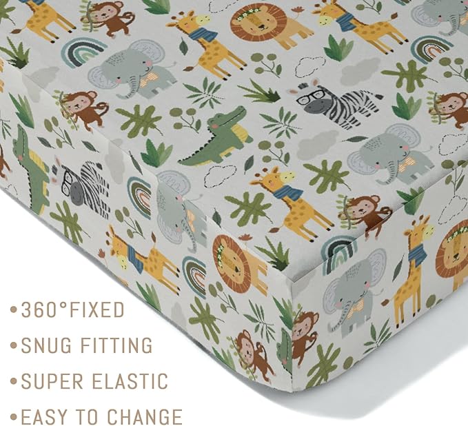 Jungle Safari Animals Baby Crib Sheets for Boy Girl Elephant Lion Zebra Giraffe Leaves Soft Snug Fitted Crib Mattress Covers for 52''x28'' Standard Crib & Toddler Mattress Pad Wild African Bed Sheets