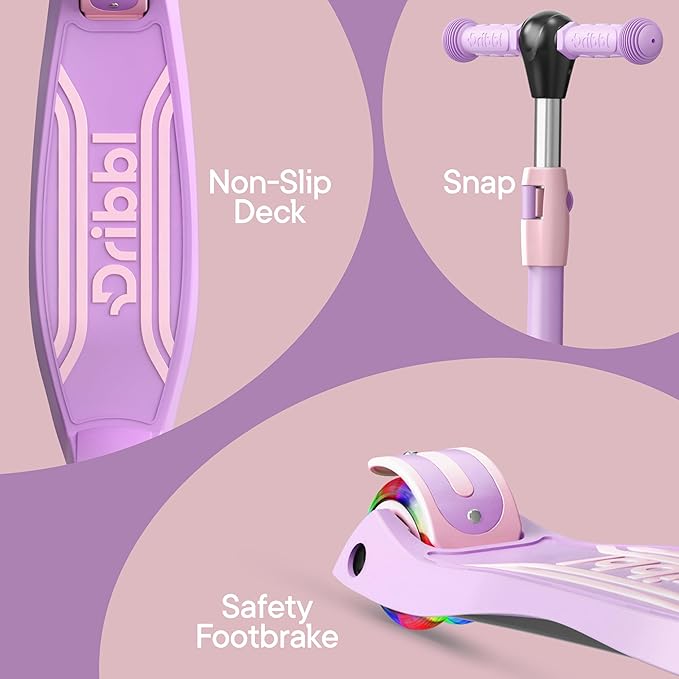 Dribbl 3-Wheel Kids Scooter - Lean-to-Steer Technology, Adjustable Height Handlebar, Wide Anti-Slip Deck, Scooter for Boys & Girls Ages 3+, Child Safety Approved, Support Riders Up to 165 lbs, Purple