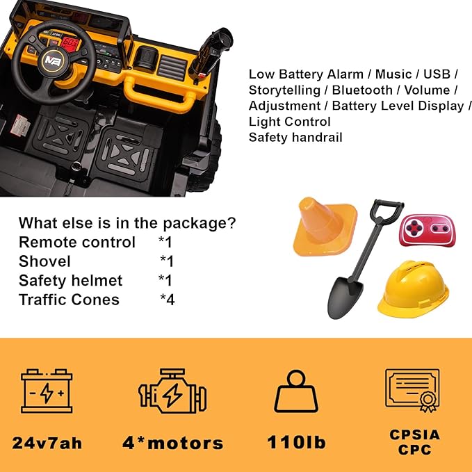 Kidsera 24V Ride On Dump Truck, 24inch-2 Seater Ride On Car for Kids w/Remote Control 4WD/2WD Up to 5 Mph, 24v Ride on Toys for Big Kids w/Electric Dump Bed Extra Shovel Traffic Cones (Yellow)