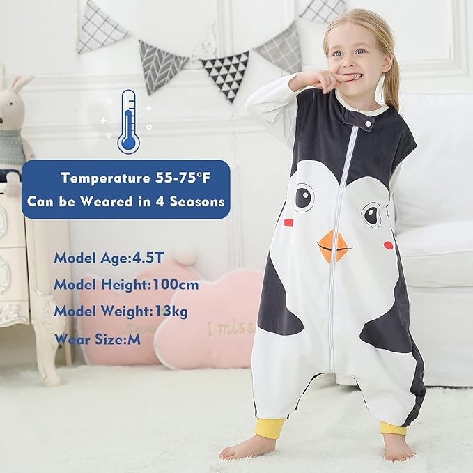 MICHLEY Toddler Sleeping Sack with Feet Newborn Infant Sleeveless Sleeping Bag 2-way Zipper Baby Wearable Blanket for Walkers,Penguin,1-3T