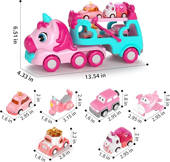 Truck Toys for 2+ 3+ Year Old Girls, 7-in-1 Carrier Truck Car for Toddler Girl, Cars Toys Age 2-4 with Light & Music, Birthday Gifts for 2 3 Year Old Girls