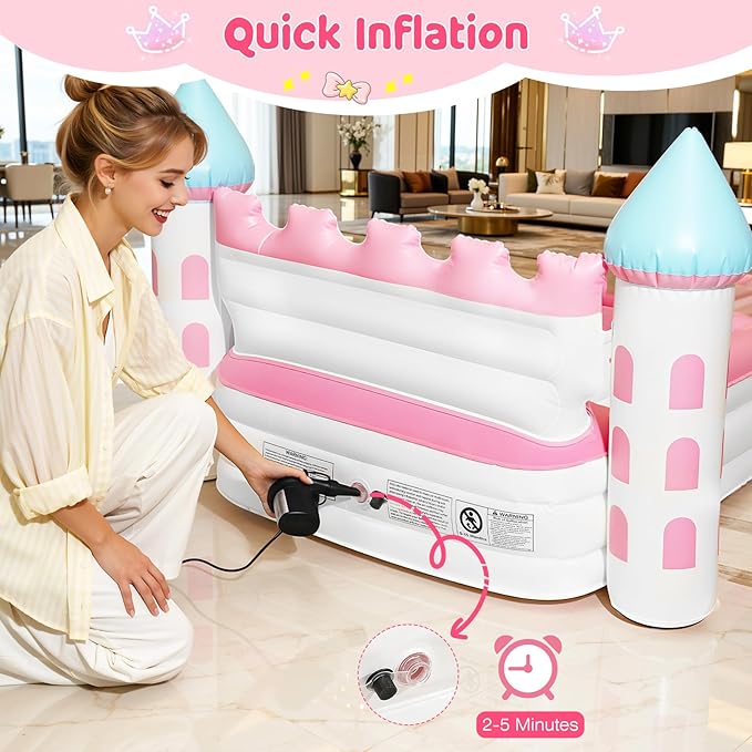 Lewondr Inflatable Kids Bed, Pink Castle Toddler Travel Bed with Electric Air Pump, Kids Blow Up Mattress with Portable Storage Bag, Kids Air Mattress Princess Toddler Bed for Home Camping Sleepovers