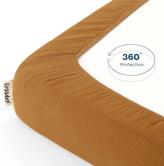 GRSSDER Soft Muslin Crib Sheet 2 Pack, 100% Cotton Crib Sheets for Boys and Girls, Fit Standard Crib Mattresses 52" x 28" Safe and Snug,Taupe/Fall Yellow