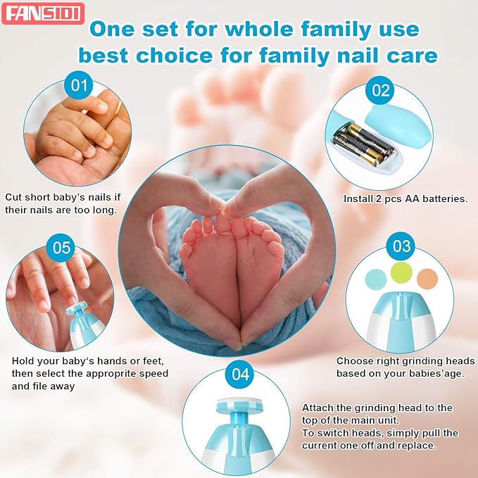 FANSIDI Baby Nail Trimmer Electric – Easy & Safe Baby Nail File Kit, Quiet LED Light, Multiple Speeds & Pads for Newborns, Infants, Toddlers & Adults, Perfect Baby Shower Gift
