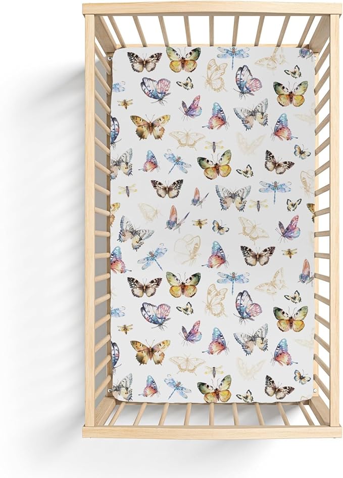 Boho Butterflies Dragonflies Baby Crib Sheets for Boy Girl 52x28Inch Vintage Butterflies Soft Stretchy Fitted Crib Mattress Cover Garden Baby Sheet for Standard Crib and Toddler Bed Mattress