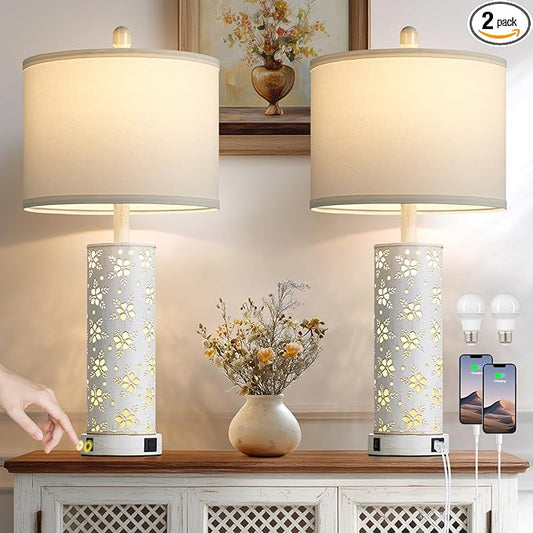Cinkeda Set of 2 Rustic Table Lamps for Living Room Bedroom, Vintage Farmhouse Nightstand Lamp with 2 USB Ports, Hollow Out Metel Lamp for End Table with Nightlight (Retro White)