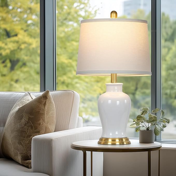 LUXEFLOW White Ceramic Table Lamps Set of 2, 23" Modern Ceramic Bedside Lamps with Ginger Jar Design, Farmhouse Lamp for Living Room End Table, Elegant Bedroom Lamp for Nightstand Desk Side Home Decor