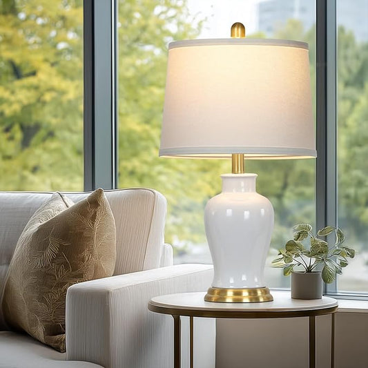 LUXEFLOW White Ceramic Table Lamps Set of 2, 23" Modern Ceramic Bedside Lamps with Ginger Jar Design, Farmhouse Lamp for Living Room End Table, Elegant Bedroom Lamp for Nightstand Desk Side Home Decor