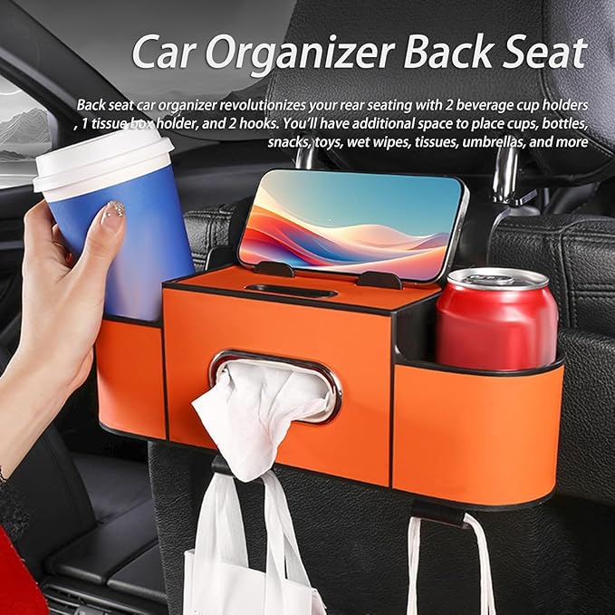 pupken Car Organizers and Storage Box, Car Organizers and Storage Box Behind Set, 4 in 1 Multifunctional Cars Organizer and Storage Back Seat for Hold Phone, Drinks, Handbag, Universal Fit (Orange*2)