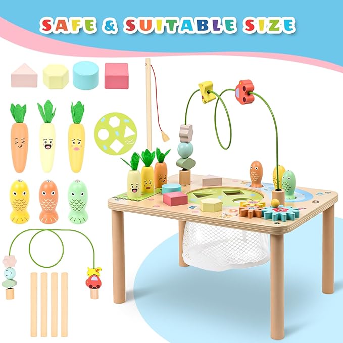 wingyz Activity Table, 6 in 1 Wooden Montessori Activity Center with Bead Maze Shape Sorter Fishing Game, Kids Sensory Play Table Toddler Toys 1st Birthday Gifts Boy Girl(Morandi-Square)