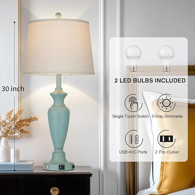 Cinyirong 30" Tall Metal Table Lamps Set of 2, Touch Control Bedside Lamps for Bedroom Nightstand, 3-Way Dimmable Farmhouse Lamp for Living Room with Charging Ports, Retro Blue (2 LED Bulbs Included)