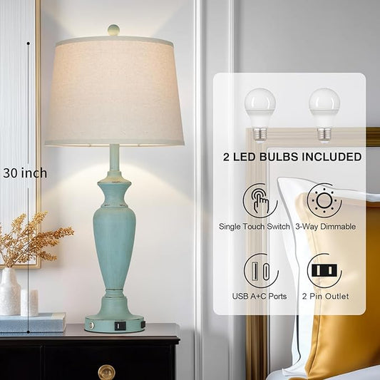 Cinyirong 30" Tall Metal Table Lamps Set of 2, Touch Control Bedside Lamps for Bedroom Nightstand, 3-Way Dimmable Farmhouse Lamp for Living Room with Charging Ports, Retro Blue (2 LED Bulbs Included)