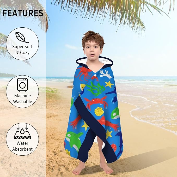 Thickened Hooded Towels for Kids Suitable Girls Boys Kids Bath Towels, 30"x50" Super Absorbent, Shark Cute Cartoon Toddler Towels Multi-Purpose for Beach, Pool and Bathroom