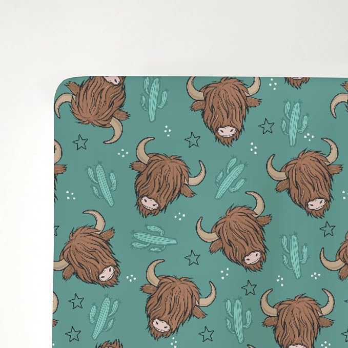 Western Highland Cows Baby Crib Sheets for Boy Girl 28"x52" Boho Cows Green Cactus Stars Soft Snug Fitted Crib Mattress Cover Highland Yak Cattle Baby Sheet for Standard Crib & Toddler Bed Mattress
