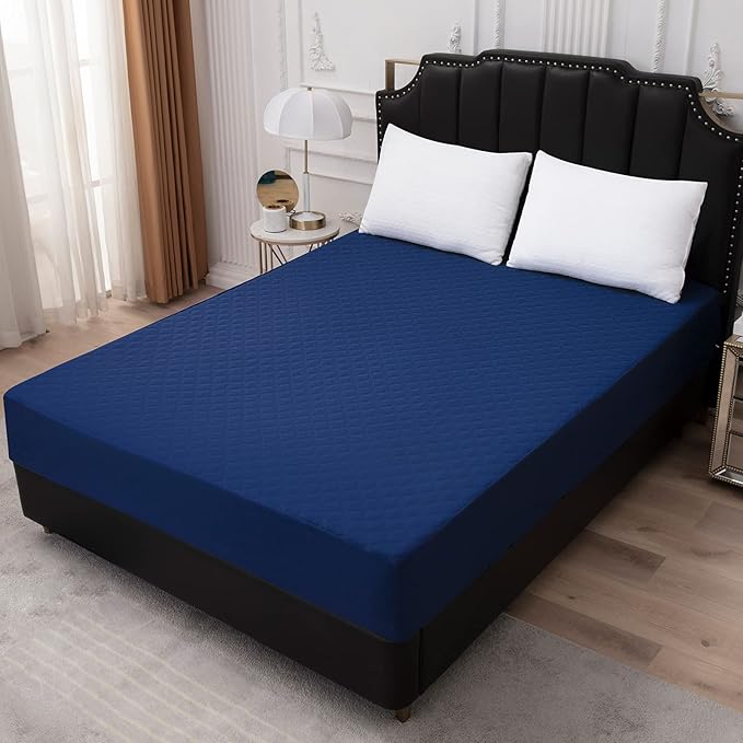 Mecerock Twin Mattress Protector Waterproof, Quilted Fitted, Navy Blue, 18 Inches Deep Pocket, Washable