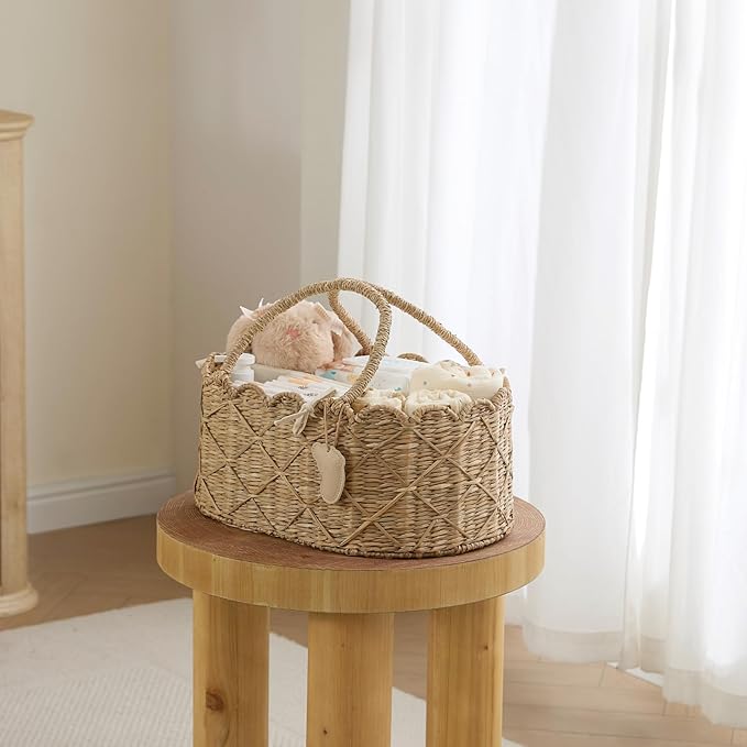 YANGQIHOME Diaper Caddy Organizer, Seagrass Nursery Baby Basket for Baby Essentials, Scalloped Wicker Diaper Caddy, Baby Shower Gifts (Diamond)