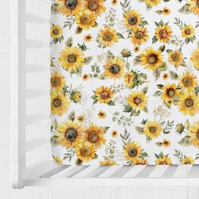 Watercolor Yellow Sunflowers Baby Crib Sheet 52''x28'' Boho Sunflowers Leaves Stretchy Fitted Crib Mattress Covers for Boy Girl Summer Wild Floral Soft Baby Sheets for Standard Crib Toddler Mattress