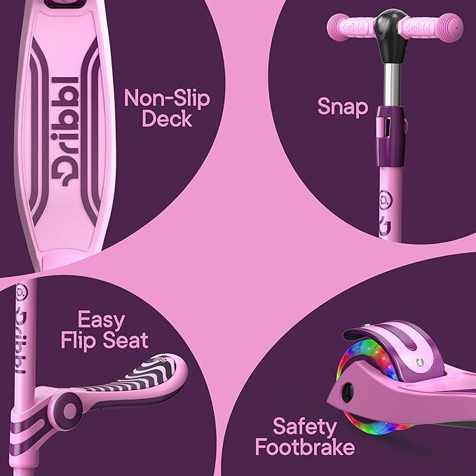 Pink and Purple 3 Wheel Scooter with Seat for Kids, Light-Up Wheels, Adjustable Lean to Steer Handlebar and Seat, Smooth Wheels, Wide No-Slip Deck, Rear Foot Brake, Toddler Outdoor Toys for Ages 2+
