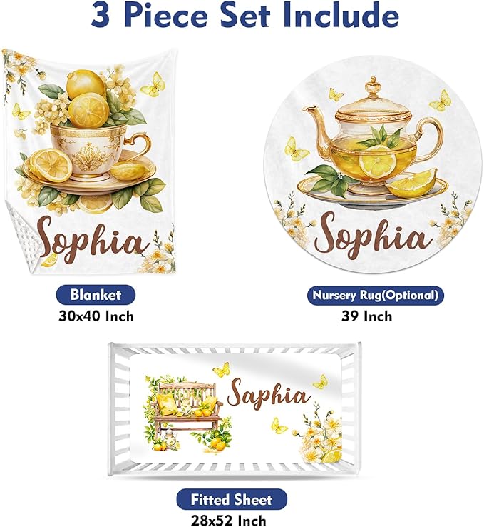 Custom Baby Crib Bedding Set, Personalized Name Lemon Tea Design Crib Set 3 Pcs, Soft Double Layer Blanket, Crib Sheet & Room Rug, Ideal Nursery Decor Gift for Baby Girls Boys