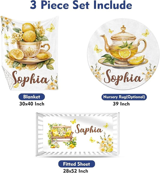 Custom Baby Crib Bedding Set, Personalized Name Lemon Tea Design Crib Set 3 Pcs, Soft Double Layer Blanket, Crib Sheet & Room Rug, Ideal Nursery Decor Gift for Baby Girls Boys