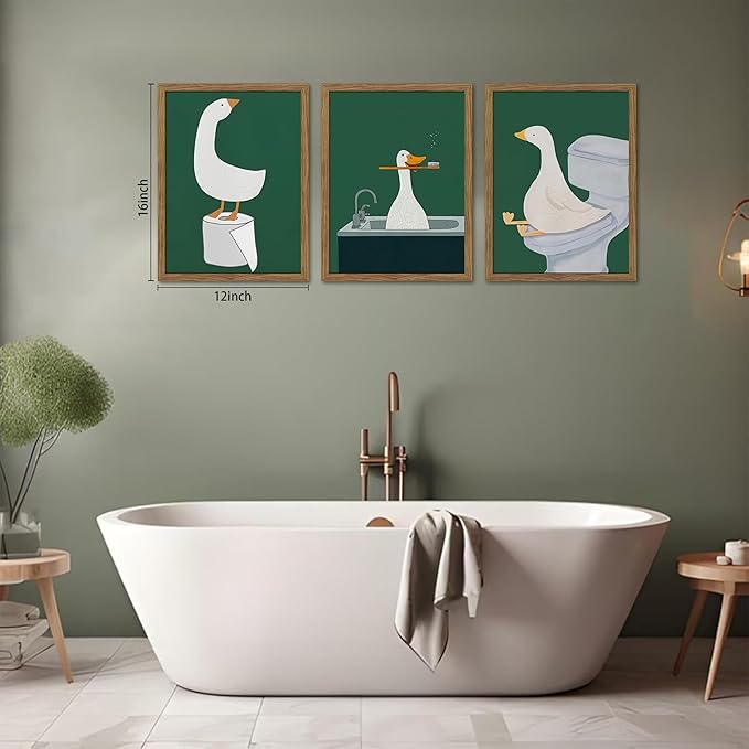 Framed Silly Goose Wall Art Bathroom Art Wall Decor Set of 3, Funny Gooses Poster Print, Dark Green Nursery Decor, Cute Animal Pictures Canvas for Kids Bathroom Washroom – 12x16 inch