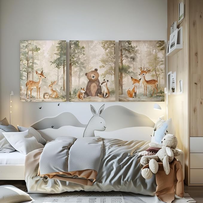 LLEEMPI Framed Woodland Nursery Wall Decor Set of 3, Cute Forest Animal Wall Art, Bear Fox Deer Watercolor Canvas Prints, Vintage Nature Poster Prints for Kids Bedroom Bathroom Playroom 16x24 Inch