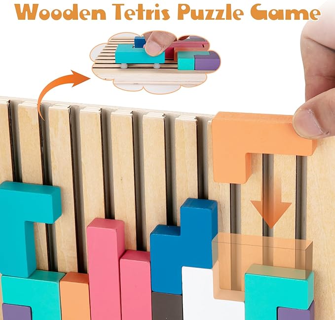 Montessori Wooden Stacking Puzzle Toy, Colored 3D Russian Block Stacking Jigsaw Puzzle Toy, Giant Building Block Board Game Educational Toys for Kids Brain Teasers for Toddlers 3-6 Years