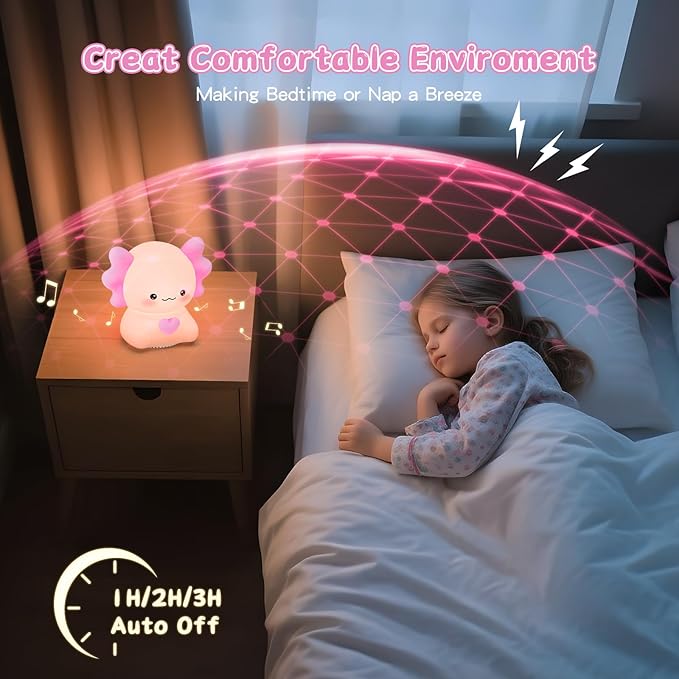 ICARER FAMILY Axolotl Night Light with Sound Machine, Pink Silicone Touch Lamp, Wireless Speaker, Remote Control, Soft Touch, Baby Room Lamp