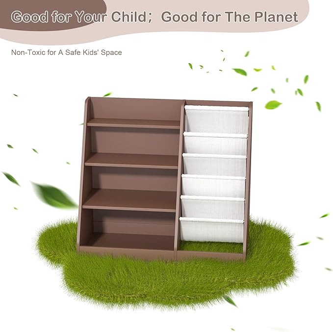 HedoAjim Kids Bookshelf Toy Storage Organizer 4-Tier Wood Book Rack Toddler Bookcase Baby Book Toy Display Shelf 5 Sling Bookshelf for Playroom Bedroom Nursery Classroom Church Espresso