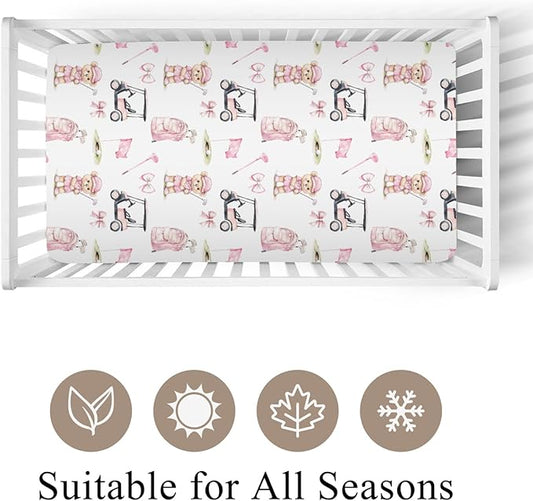 Cute Golf Bear Balls Cart Club Pink Baby Crib Sheet for Boys & Girls 52x28x9 in Bears Bows Golfing Bag Sport Fitted Crib Mattress Cover for Golfs Lover Gift Bed Sheet Balls One Size