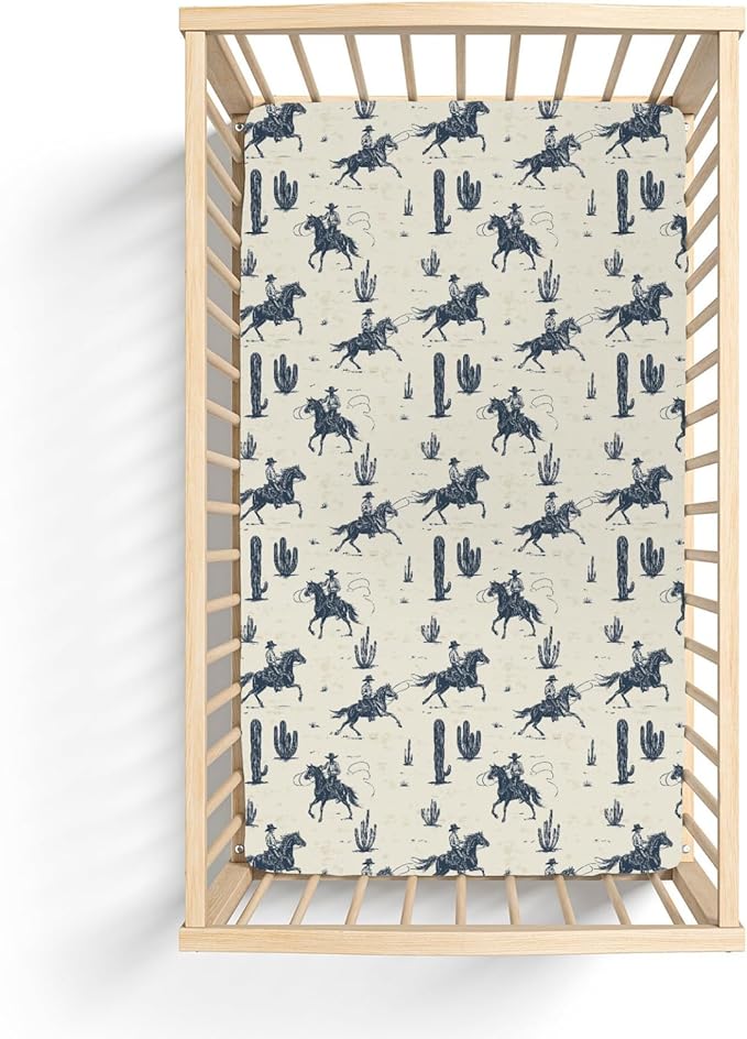 Vintage Western Cowboys Baby Crib Sheets for Boy Girl 52"x28" Retro Cowboy Horse Cactus Soft Stretchy Fitted Crib Mattress Cover Wild Desert Nursery Baby Sheet Fits Crib and Toddler Bed Mattresses