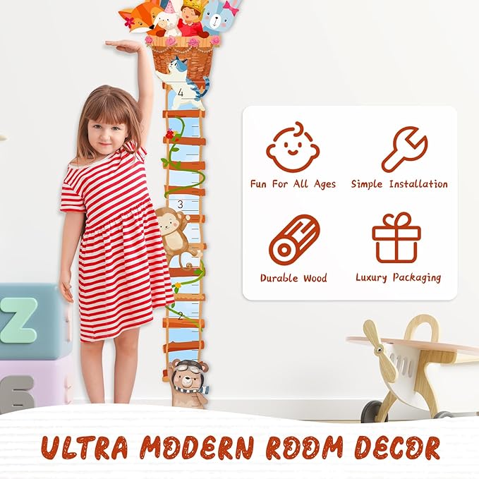 Woodemon Personalized Name Wooden Growth Chart for Wall, Animal Balloon Wood Baby Height Growth Chart Wall Kids Room Nursery Wall Decor