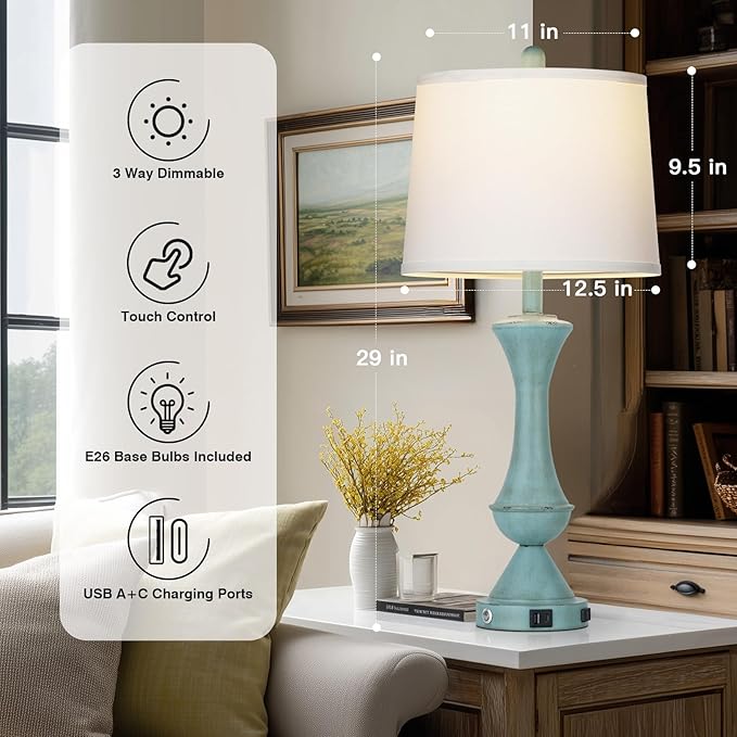luxeflow 29" Coastal Tall Blue Table Lamps Set of 2 for Living Room, Touch Control Bedroom Lamps for Nightstand, 3-Way Dimmable Bedside Lamp with USB A+C Ports & AC Outlets (2 LED Bulbs Included)