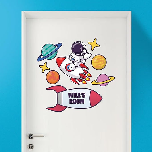 EGD Custom Astronaut Door Decal with Name | Door Decals for Bedroom or Nursery | Personalized Vinyl Wall Decal for Kids Room | Fun Space Theme Wall Stickers for Kids (B. Astronaut)