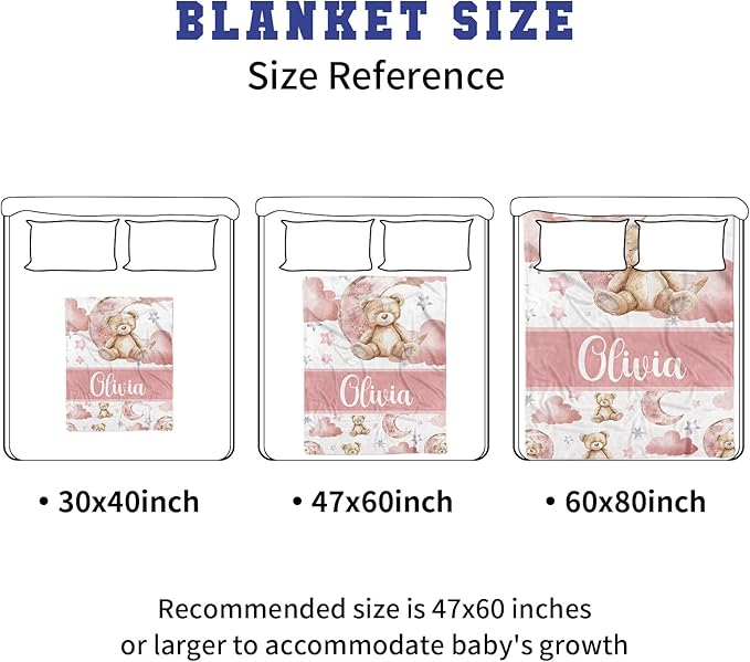 Personalized Crib Bedding Set, Toddler Pink Bear Theme Set with Name, 2 Pcs Baby Crib Set for Infant Babys, Comfort Double Layer Blanket and Crib Sheet, Newborns Gifts for Baby Girls