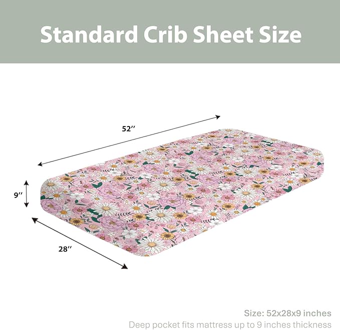 Spring Boho Floral Baby Crib Sheets for Boy Girl 28"x52" Neutral Pink Flowers Leaves Soft Stretchy Fitted Crib Mattress Cover Pastel Peony Daisy Nursery Baby Sheet for Crib & Toddler Bed Mattresses